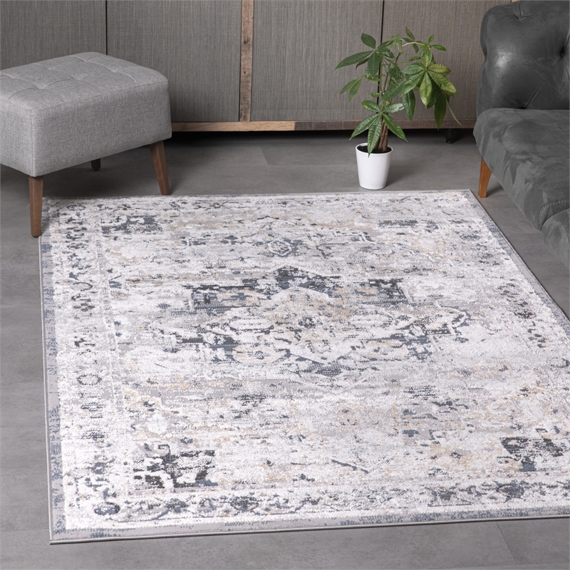 Pemberly Row Traditional Gray Oriental 5 ft. x 7 ft. Fabric Area Rug