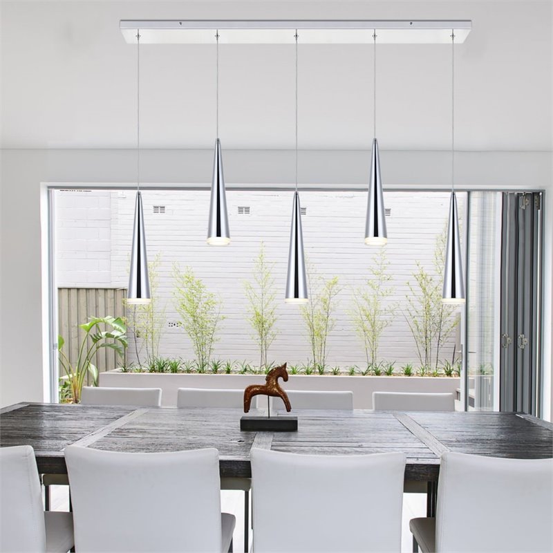 Pemberly Row Contemporary 5 Light Metal LED Island Pendant in Chrome