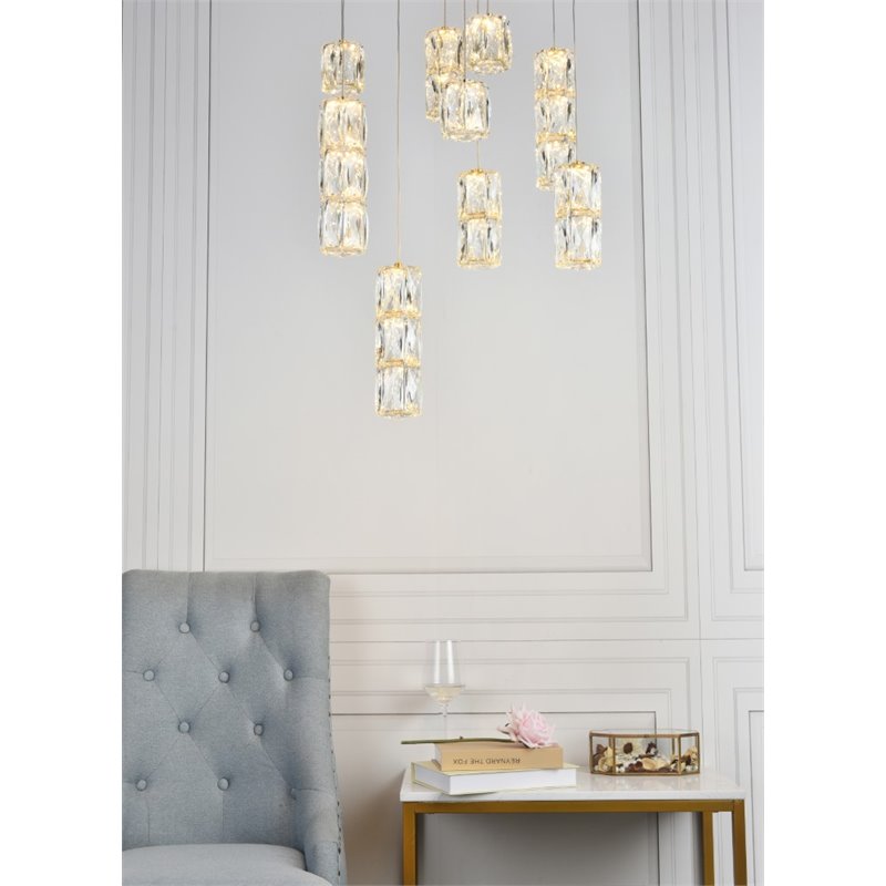 Pemberly Row Contemporary 9 Light Royal Cut Crystal LED Pendant in Gold