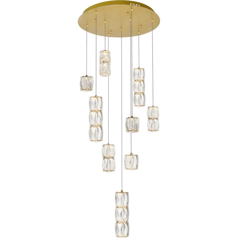 Pemberly Row Contemporary 9 Light Royal Cut Crystal LED Pendant in Gold