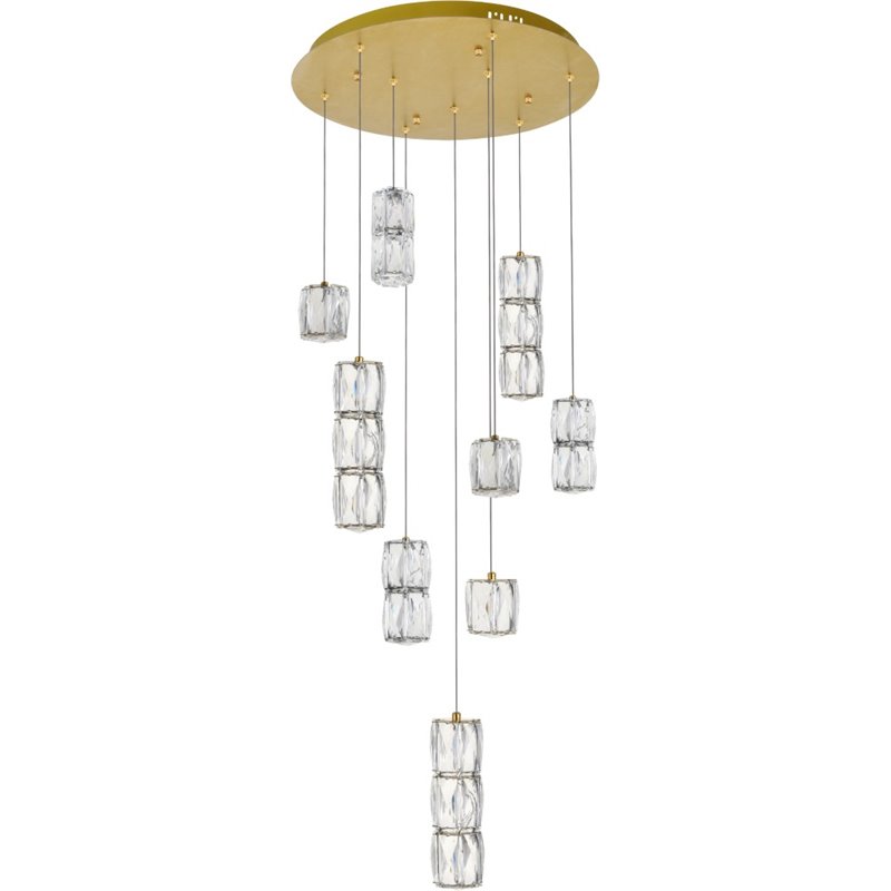 Pemberly Row Contemporary 9 Light Royal Cut Crystal LED Pendant in Gold