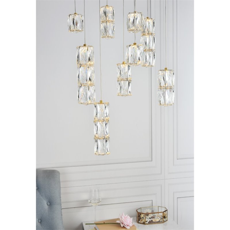 Pemberly Row Contemporary 9 Light Royal Cut Crystal LED Pendant in Gold