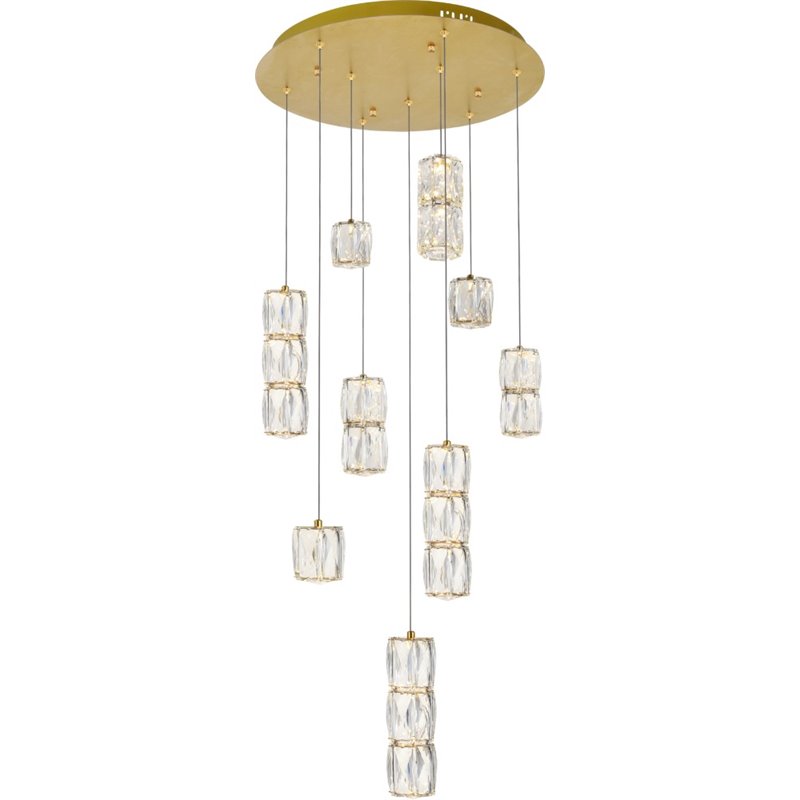 Pemberly Row Contemporary 9 Light Royal Cut Crystal LED Pendant in Gold