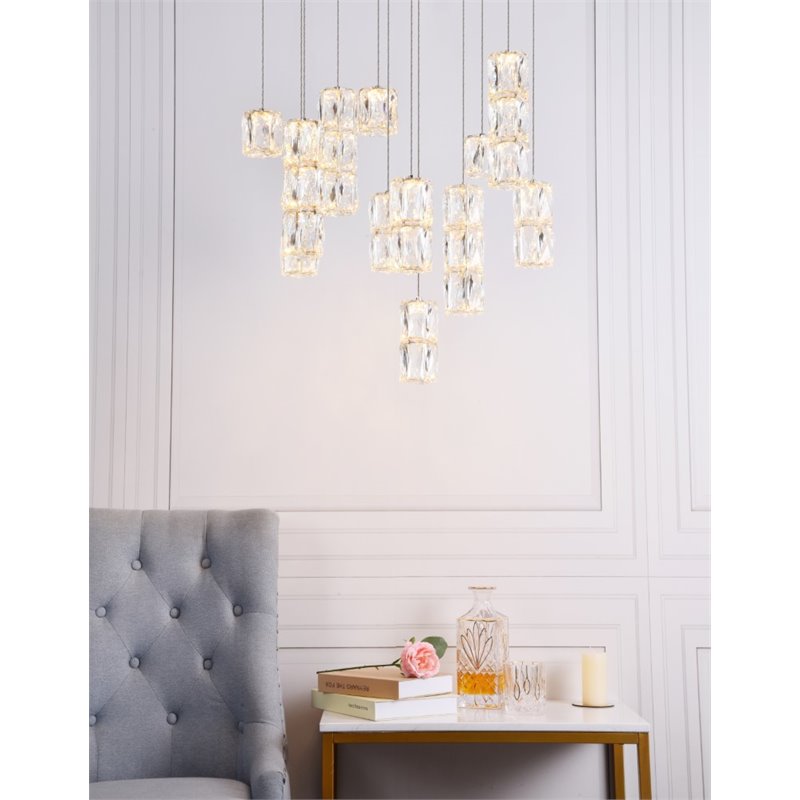 Pemberly Row Contemporary 12 Light Royal Cut Crystal LED Pendant in Chrome