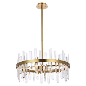 Pemberly Row Contemporary 25&quot Round Iron and Crystal Pendant in Satin Gold