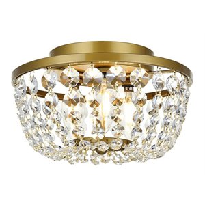 Pemberly Row Contemporary 10&quot Iron and Crystal Flush Mount in Brass