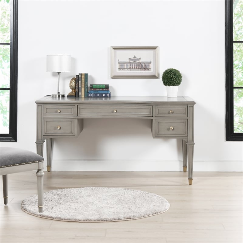 Pemberly Row Gold Accent 5-Drawer Wood Desk in Grey Cashmere