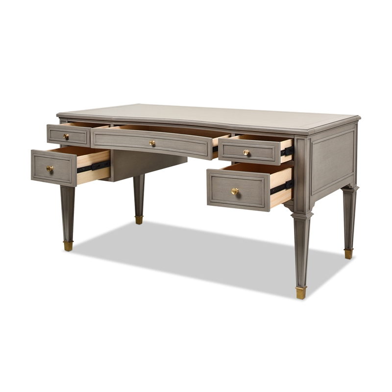 Pemberly Row Gold Accent 5-Drawer Wood Desk in Grey Cashmere