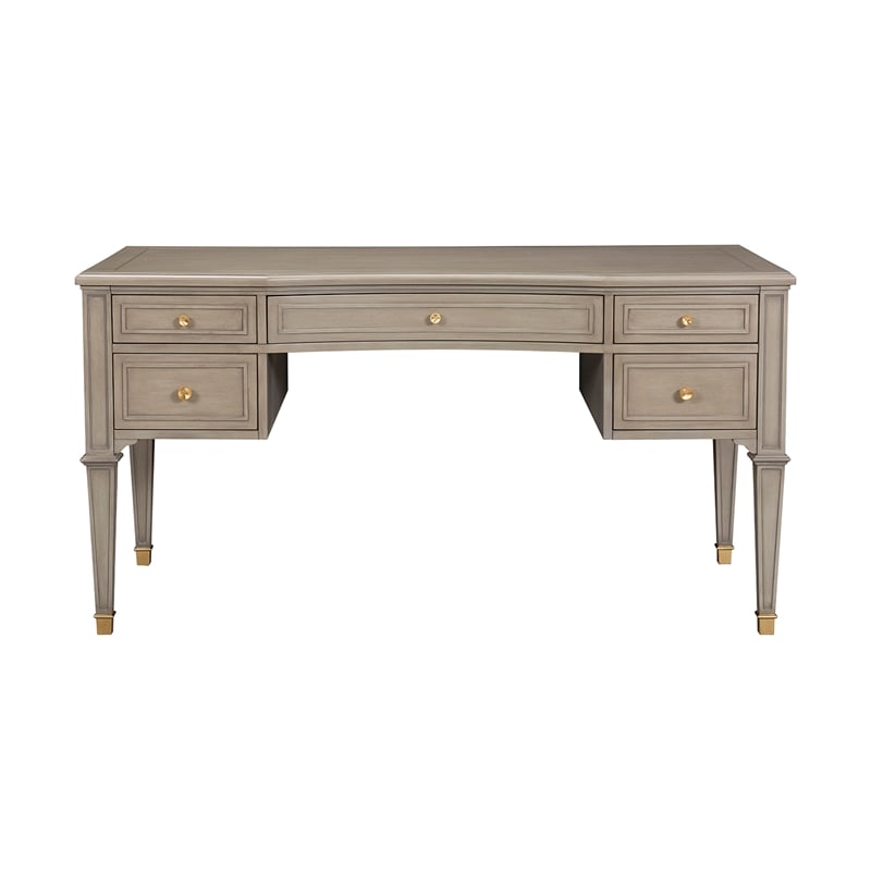 Pemberly Row Gold Accent 5-Drawer Wood Desk in Grey Cashmere