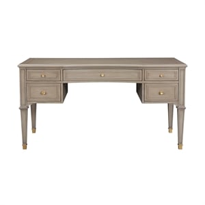 Pemberly Row Gold Accent 5-Drawer Wood Desk in Grey Cashmere