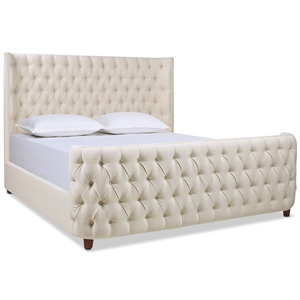 Pemberly Row Contemporary Tufted Bed King in Light Beige Linen
