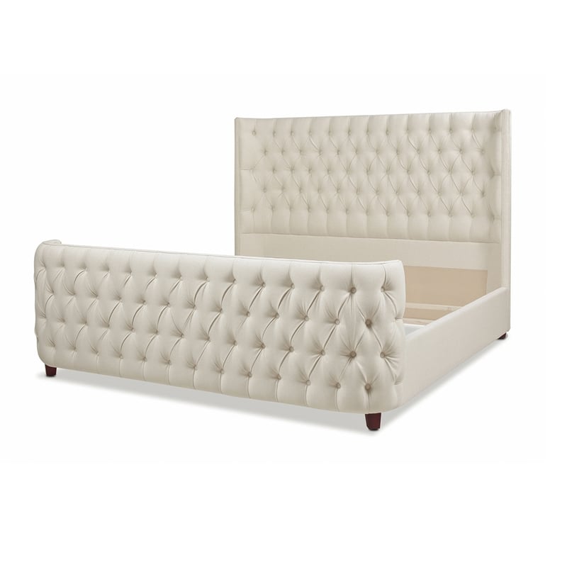 Pemberly Row Contemporary Tufted Bed King in Light Beige Linen