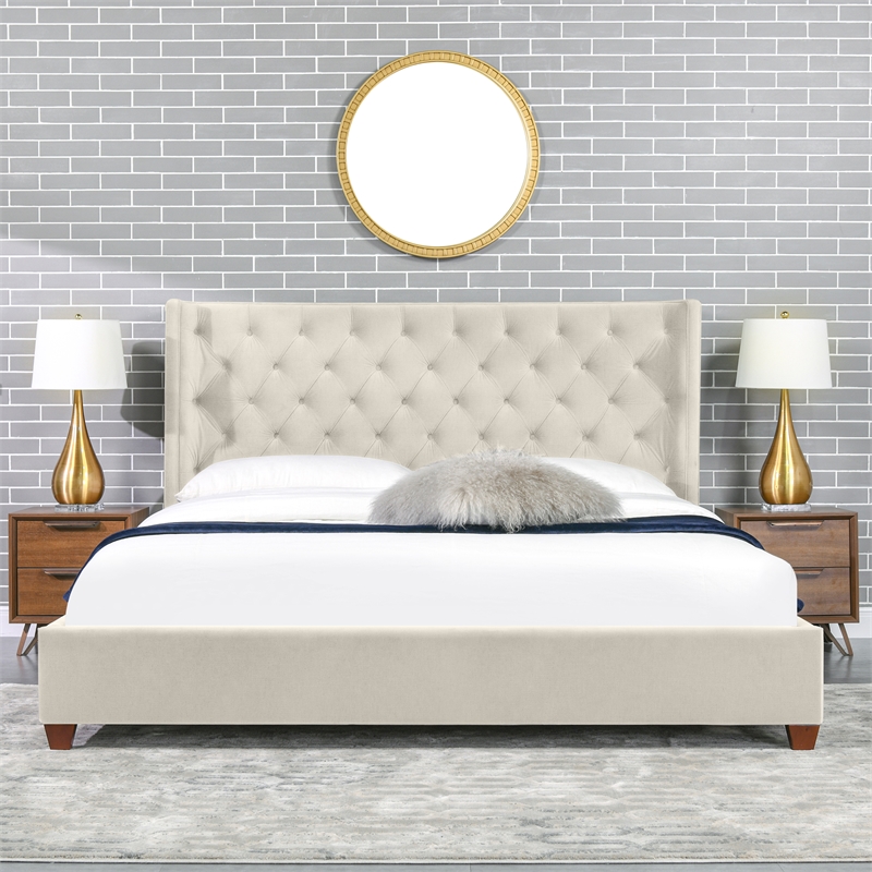 Pemberly Row Contemporary King Platform Bed Frame Light Beige