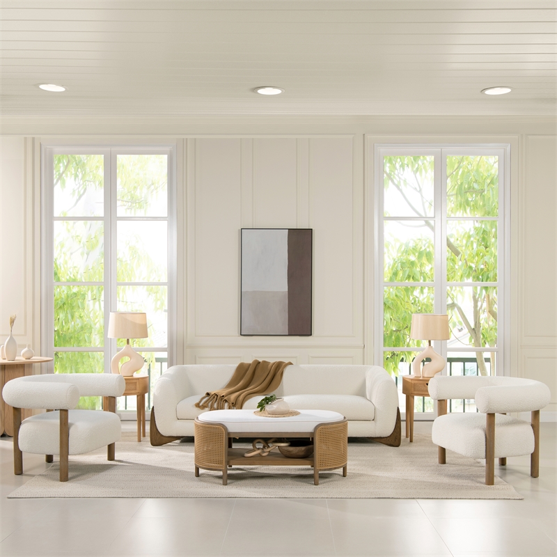 Pemberly Row Mid-Century Modern Barrel Accent Arm Chair Ivory White Boucle