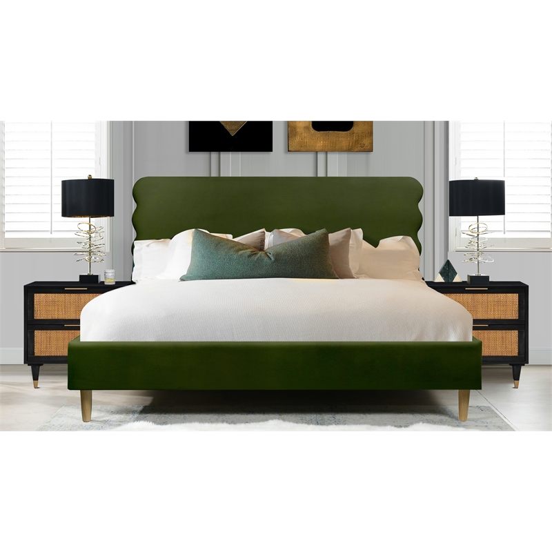 Pemberly Row Wavy Headboard Platform Bed King Olive Green Performance Velvet