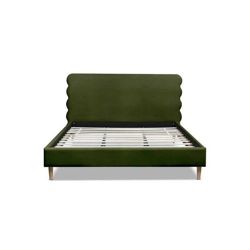 Pemberly Row Wavy Headboard Platform Bed King Olive Green Performance Velvet