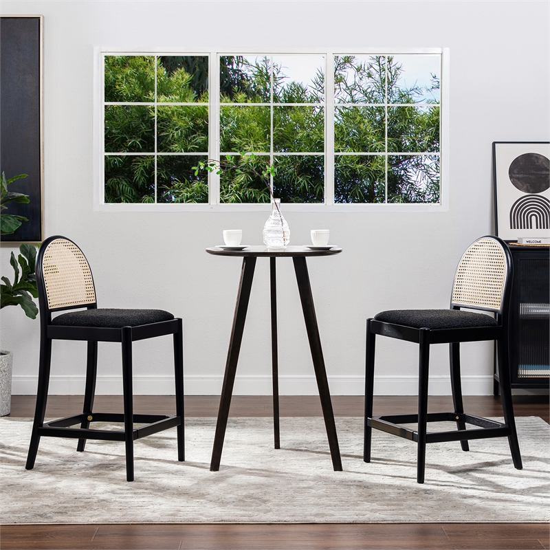 Pemberly Row Curved Back Cane Rattan Counter Stool Set of 2 Ebony Black Boucle
