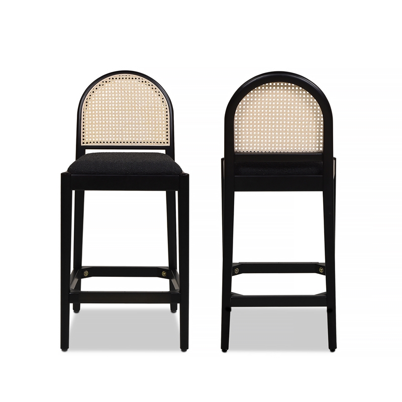 Pemberly Row Curved Back Cane Rattan Counter Stool Set of 2 Ebony Black Boucle
