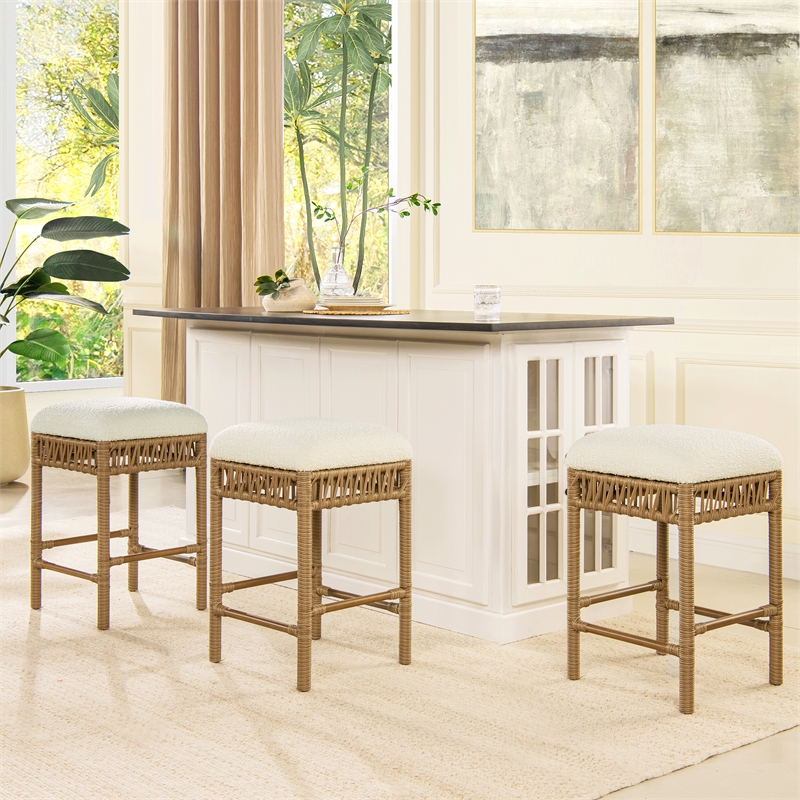 Pemberly Row Backless Counter Stool with Resin Rattan Frame Ivory White Boucle