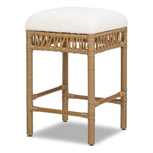 Pemberly Row Backless Counter Stool with Resin Rattan Frame Ivory White Boucle