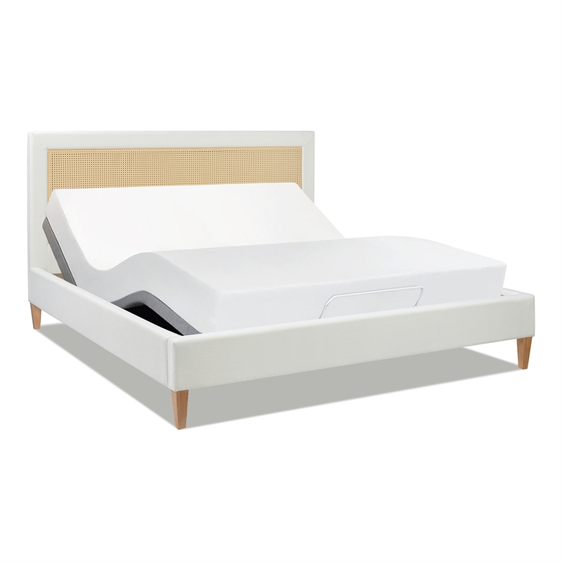 Pemberly Row Upholstered Cane-Back Platform Bed Queen Snow White