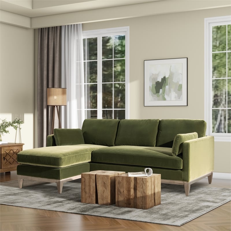 Pemberly Row Velvet Upholstered Reversible Chaise Sectional Sofa in Olive Green