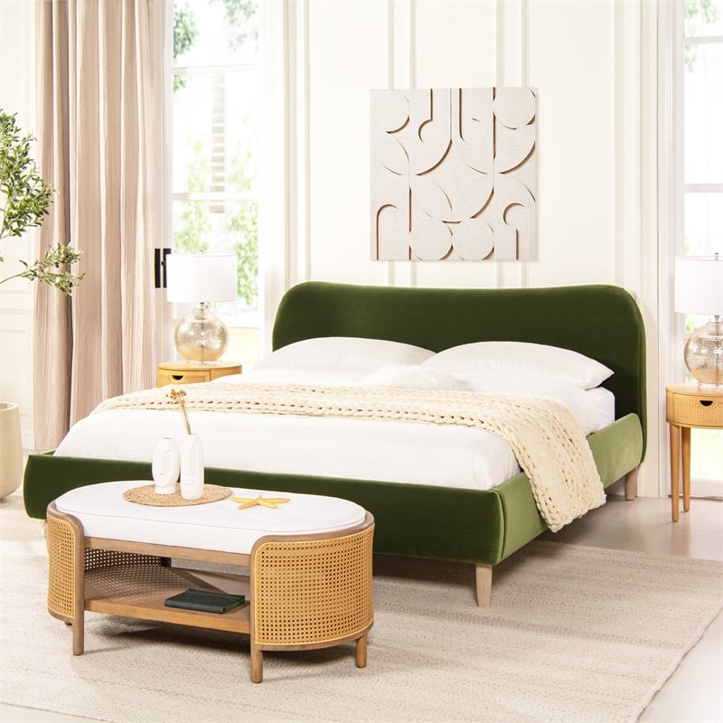 Pemberly Row Curved Headboard Upholstered Platform Bed King Olive Green