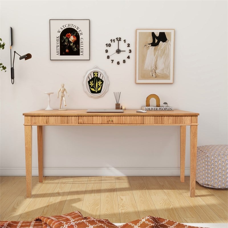 Pemberly Row Farmhouse 1-Drawer Fluted Home Office Writing Desk Natural Blonde