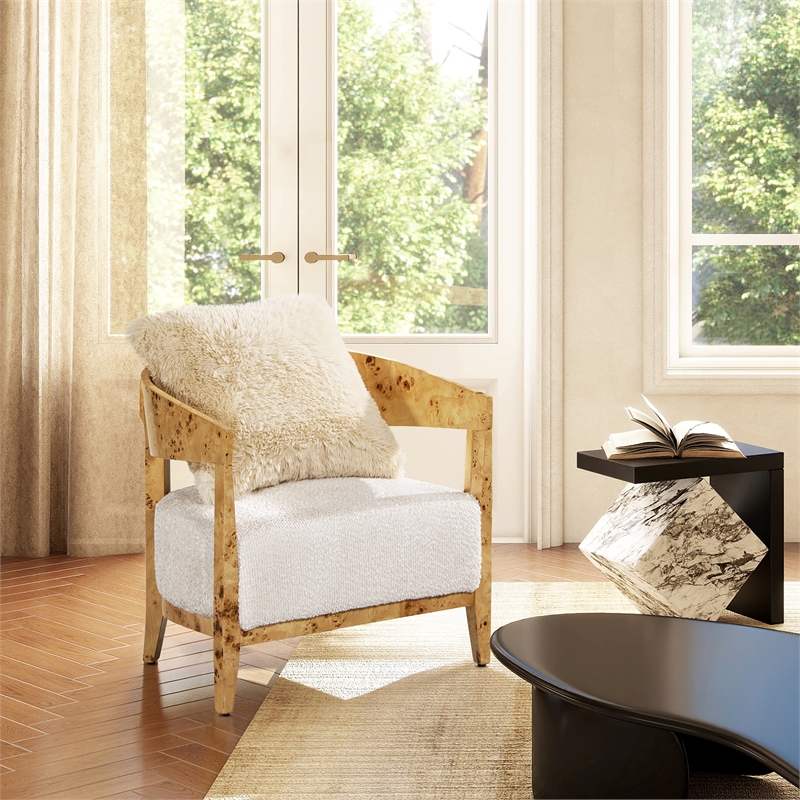 Pemberly Row Burl Wood Barrel Accent Arm Chair with Sealshell White Chenille