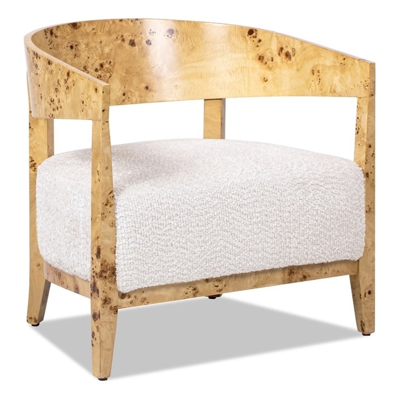 Pemberly Row Burl Wood Barrel Accent Arm Chair with Sealshell White Chenille