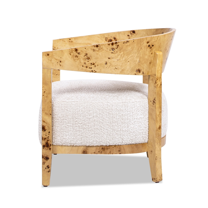 Pemberly Row Burl Wood Barrel Accent Arm Chair with Sealshell White Chenille
