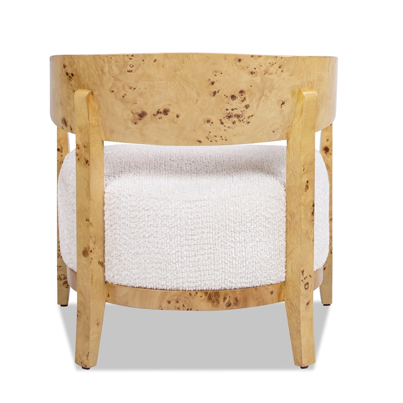 Pemberly Row Burl Wood Barrel Accent Arm Chair with Sealshell White Chenille