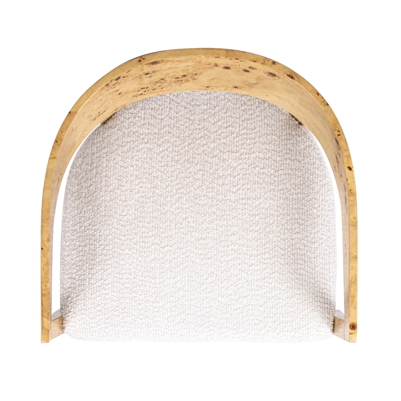 Pemberly Row Burl Wood Barrel Accent Arm Chair with Sealshell White Chenille