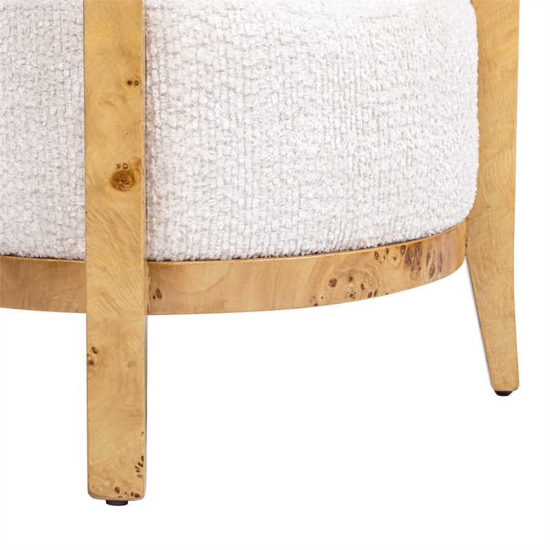 Pemberly Row Burl Wood Barrel Accent Arm Chair with Sealshell White Chenille