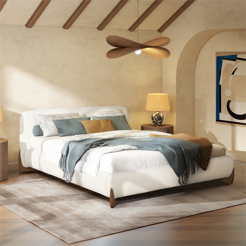 Pemberly Row Puffy Modern Platform Queen Bed Ivory White Boucle