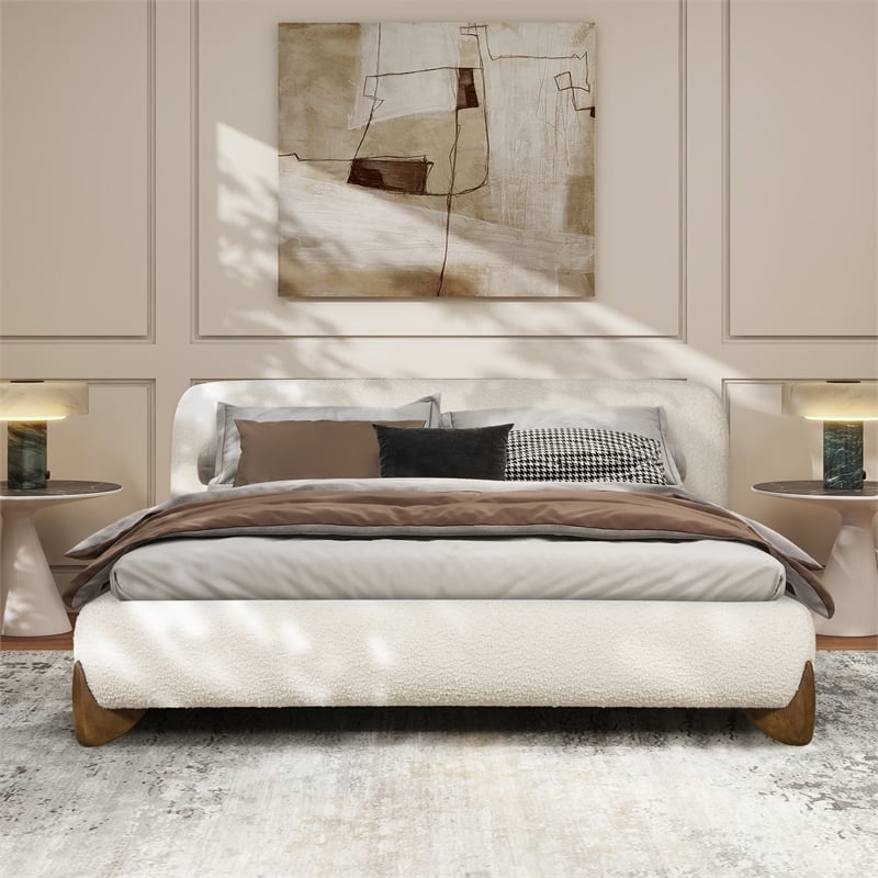 Pemberly Row Puffy Modern Platform Queen Bed Ivory White Boucle