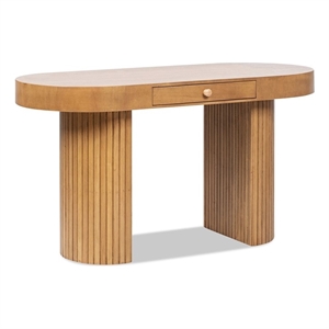 Pemberly Row 55.5&quot Single Drawer Fluted Oval Console Desk Honey Brown Rubberwood