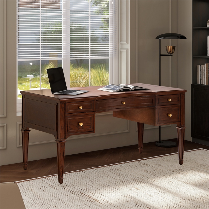 Pemberly Row Gold Accent 5-Drawer Wood Executive Desk Walnut Brown