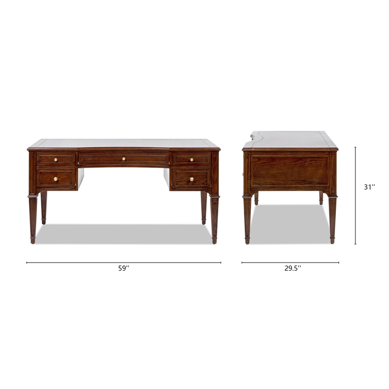 Pemberly Row Gold Accent 5-Drawer Wood Executive Desk Walnut Brown
