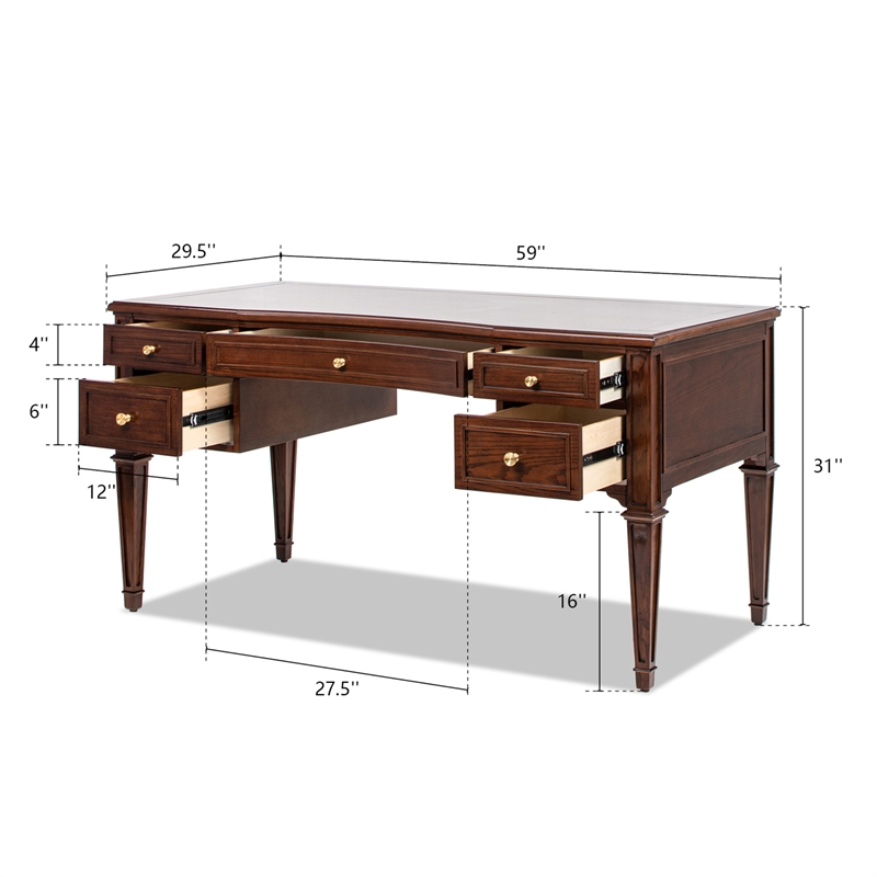 Pemberly Row Gold Accent 5-Drawer Wood Executive Desk Walnut Brown