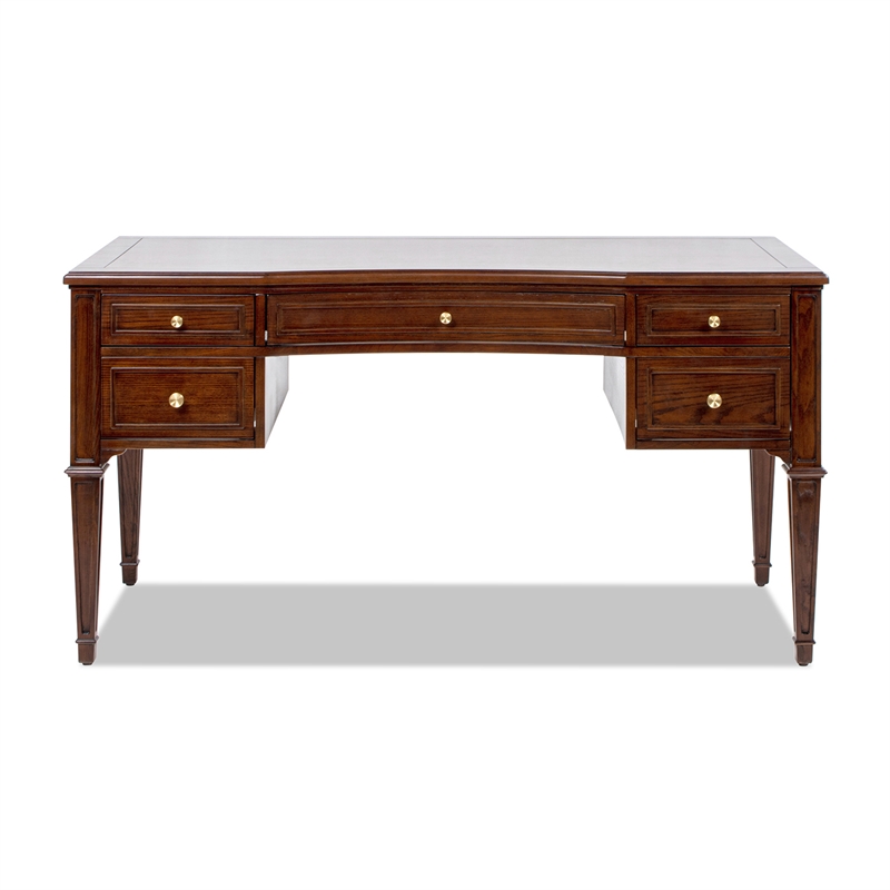 Pemberly Row Gold Accent 5-Drawer Wood Executive Desk Walnut Brown