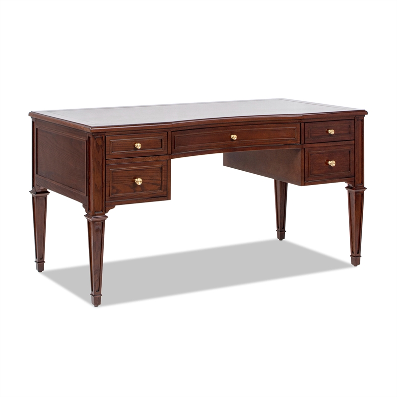 Pemberly Row Gold Accent 5-Drawer Wood Executive Desk Walnut Brown