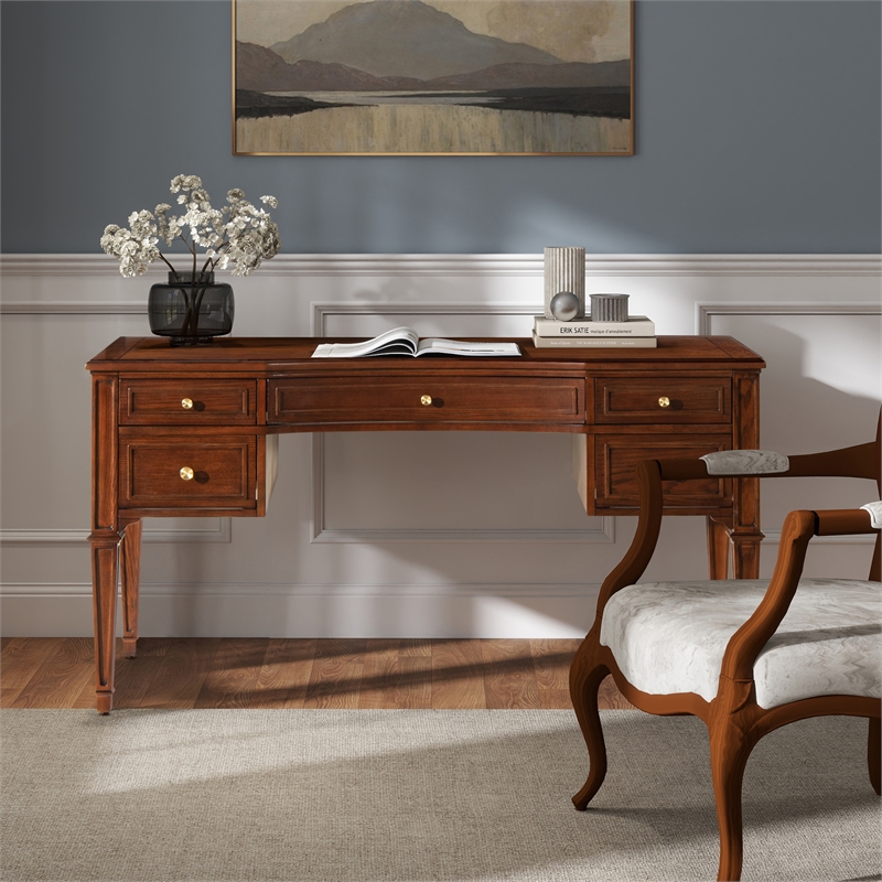 Pemberly Row Gold Accent 5-Drawer Wood Executive Desk Walnut Brown