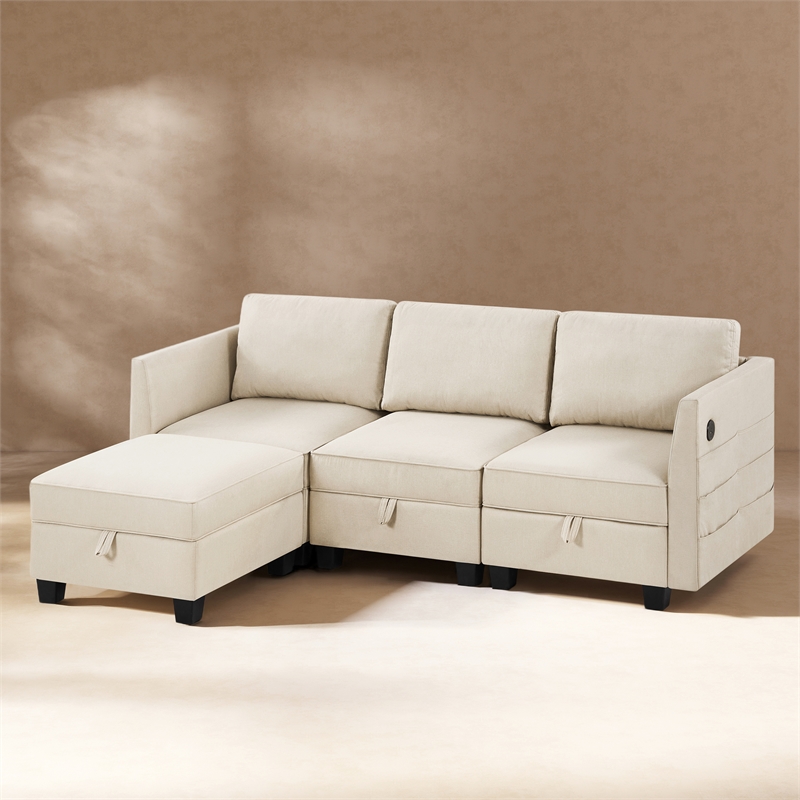Pemberly Row Modular 4-Piece Storage Sectional Sofa Sandstone Beige Polyester