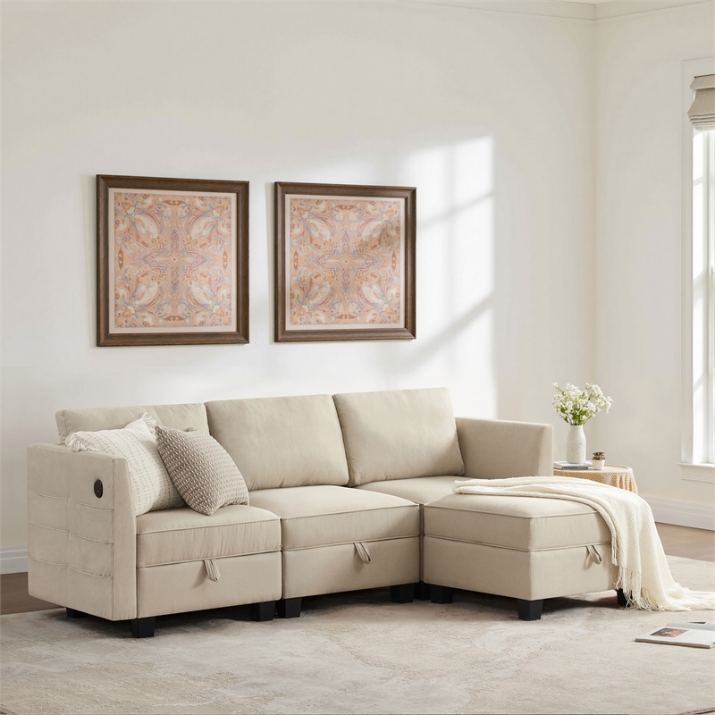 Pemberly Row Modular 4-Piece Storage Sectional Sofa Sandstone Beige Polyester