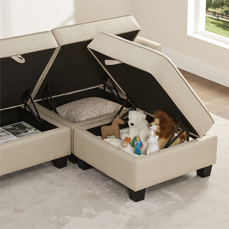 Pemberly Row Modular 4-Piece Storage Sectional Sofa Sandstone Beige Polyester