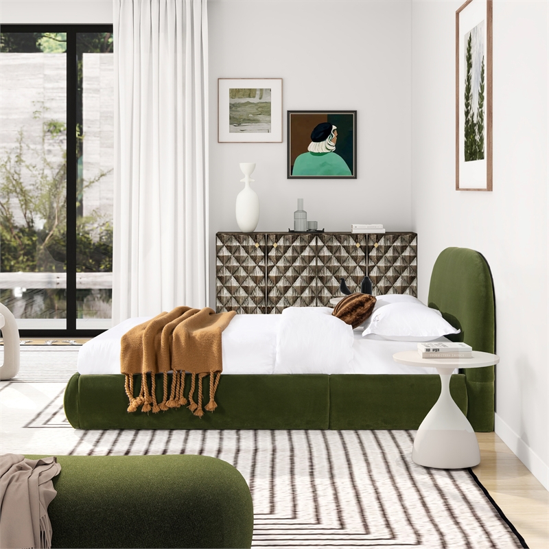 Pemberly Row Upholstered Platform Bed in Olive Green Performance Velvet