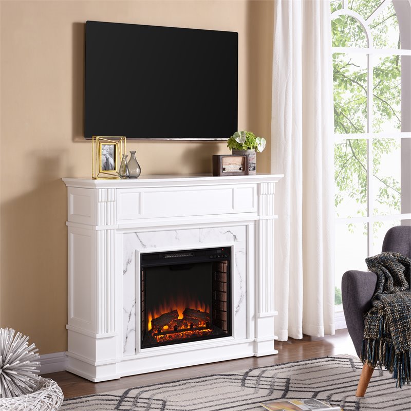 Pemberly Row Faux Marble Electric Fireplace TV Stand in White