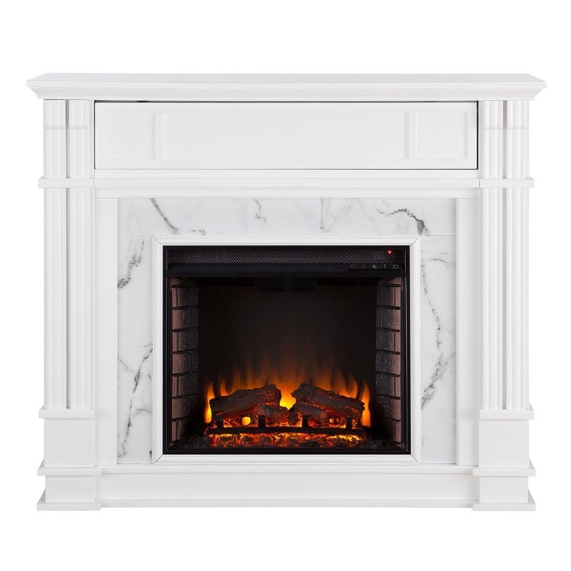 Pemberly Row Faux Marble Electric Fireplace TV Stand in White