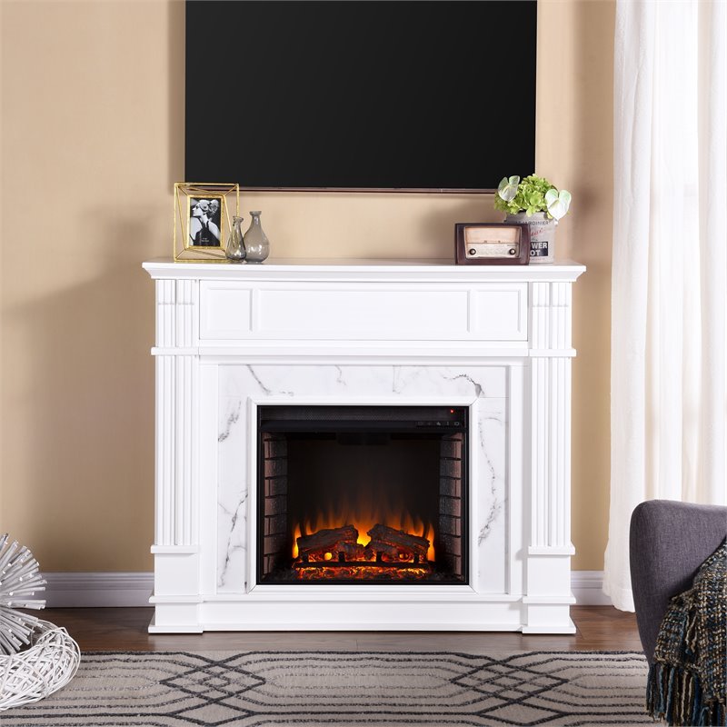 Pemberly Row Faux Marble Electric Fireplace TV Stand in White